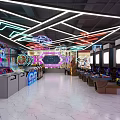Vibrant Arcade Amusement Area With Neon Lights Gaming Machines Graffiti Signage And Shiny Floor