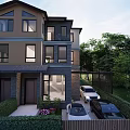 Modern Two Story Detached House Exterior With Large Windows Green Courtyard And Glass Roof