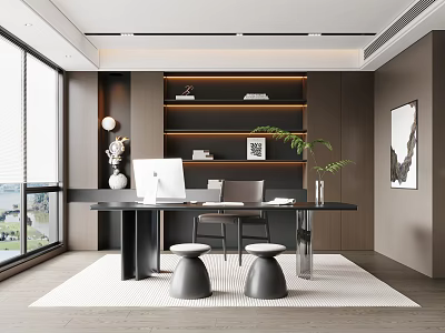 Modern Study Room With Large Windows Black Desk White Rug Green Plant And Decorative Shelves 3d model