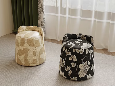 Decorative Sofa Stools With Beige Geometric And Black Floral Patterns On Carpet 3d model