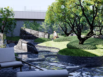 Landscaped Courtyard Garden with Large Rocks Flowing Water Feature Green Trees and Trimmed Shrubs 3d model