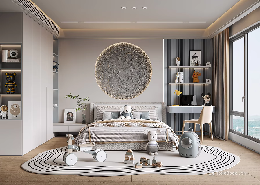 Modern Kids Bedroom Interior With Moon Wall Decor And Toys 3d model 