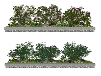 Blooming Shrubs With Pink Flowers In Stone Garden Bed Landscape Design 3d model