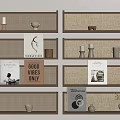 Minimalist Wooden Storage Shelves With Woven Panels Books Decorative Vases And Art Prints