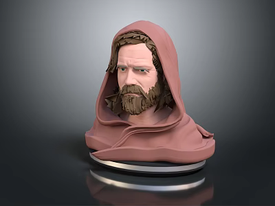Hooded Male Character 3D Sculpture With Brown Beard Pink Cloak And Silver Base 3d model