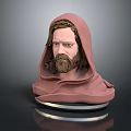Hooded Male Character 3D Sculpture With Brown Beard Pink Cloak And Silver Base