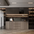 Modern Wine Cabinet with Black Glass Doors LED Strip Lights Marble Countertop and Drawers