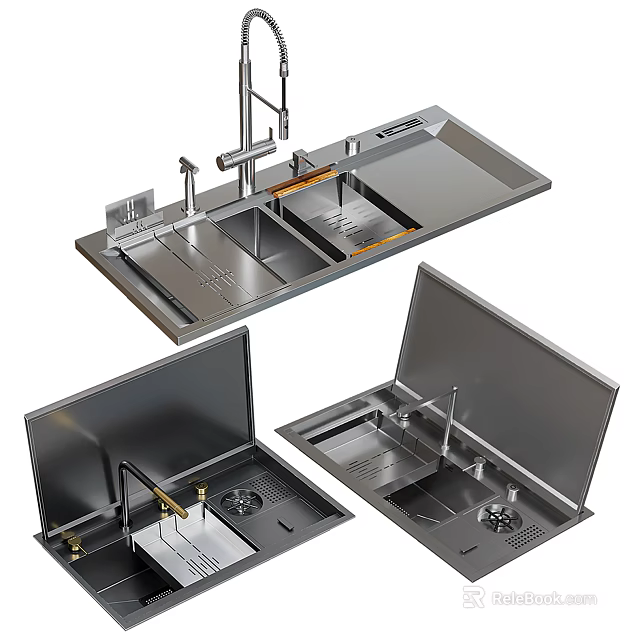 Modern Stainless Steel Kitchen Sink With Faucet Drainboard And Integrated Design 3d model 