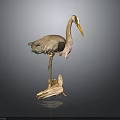 Detailed Gray Heron Sculpture With Long Yellow Beak And Wooden Base