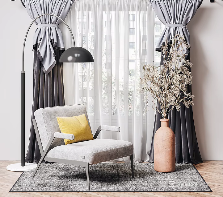 Stylish Grey Single Sofa With Yellow Accent Pillow Black Floor Lamp Terracotta Vase And Curtains 3d model 