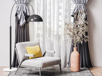 Stylish Grey Single Sofa With Yellow Accent Pillow Black Floor Lamp Terracotta Vase And Curtains 3d model
