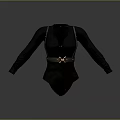 Black Long Sleeved Bodysuit With Deep V Neckline Gold Waist Belt And Buckle