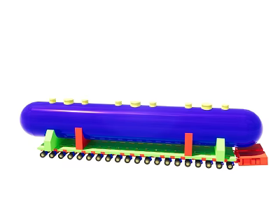 Blue Cylindrical Industrial Storage Tank On Green Base With Red Support Columns And Multiple Wheels 3d model