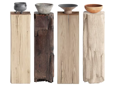 Natural Wood Stumps Displaying Handcrafted Stone Bowls For Rustic Decorative 3d model