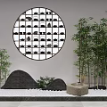 Zen Garden Ornament With Circular Lattice Window Bamboo Plants And Stone Elements 3d model