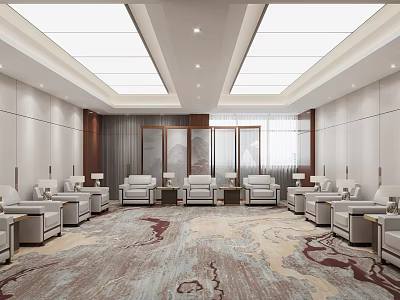 Elegant Hotel Public Lounge Area With White Sofas Patterned Carpet And Wooden Partitions 3d model