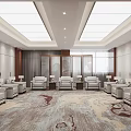 Elegant Hotel Public Lounge Area With White Sofas Patterned Carpet And Wooden Partitions 3d model