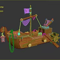 Wooden Ship Design Featuring Pink Flag Skull Symbol Lantern Chain And Oar
