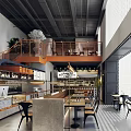 Modern Steak Restaurant Interior With Mezzanine Floor Metal Railings Gray Walls And Lighting