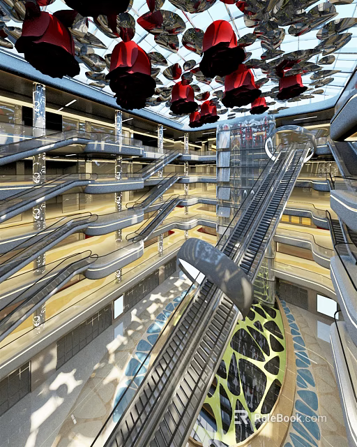 Modern Multi Level Shopping Mall Atrium With Glass Structures Escalators And Red Ceiling Decorations 3d model