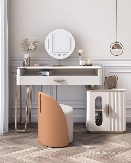 Modern White Dressing Table With Gold Legs Round Mirror Orange Chair And Decorative Items 3d model 