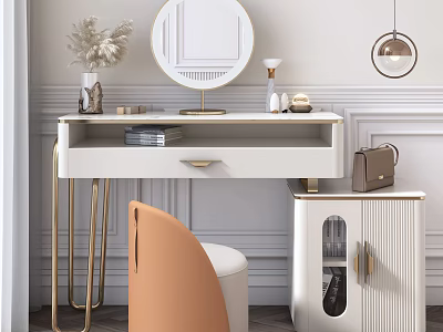 Modern White Dressing Table With Gold Legs Round Mirror Orange Chair And Decorative Items 3d model