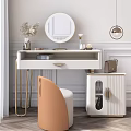 Modern White Dressing Table With Gold Legs Round Mirror Orange Chair And Decorative Items