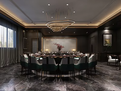 Elegant Private Dining Room Interior With Round Table Green Chairs And Modern Chandelier 3d model