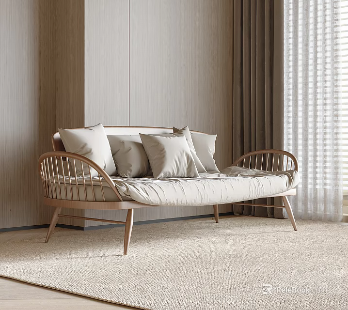 Cozy Two Seater Sofa With Wooden Frame Beige Cushions Light Brown Wall And Curtains 3d model 
