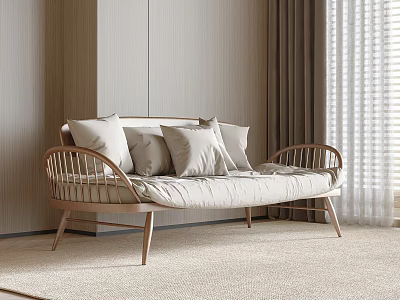 Cozy Two Seater Sofa With Wooden Frame Beige Cushions Light Brown Wall And Curtains 3d model