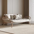 Cozy Two Seater Sofa With Wooden Frame Beige Cushions Light Brown Wall And Curtains