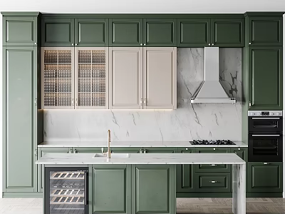 Modern Kitchen With Green Cabinets Marble Countertops Island Wine Cooler Range Hood And Oven 3d model