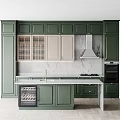 Modern Kitchen With Green Cabinets Marble Countertops Island Wine Cooler Range Hood And Oven