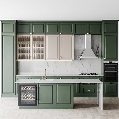 Modern Kitchen With Green Cabinets Marble Countertops Island Wine Cooler Range Hood And Oven 3d model