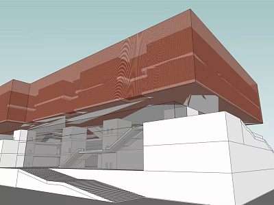 Modern Architectural Design With Red Facade Cantilever Structure And White Base Stairs 3d model