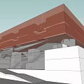 Modern Architectural Design With Red Facade Cantilever Structure And White Base Stairs