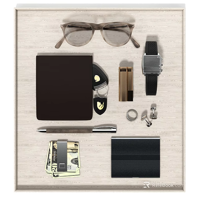 Stylish Decorative Accessories Set with Eyeglasses Wallet Watch Pen and Cufflinks 3d model 
