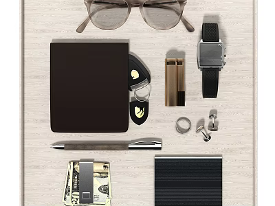 Stylish Decorative Accessories Set with Eyeglasses Wallet Watch Pen and Cufflinks 3d model