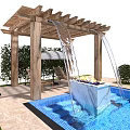 Outdoor Swimming Pool Area With Wooden Pergola Patio Umbrella And Green Plants