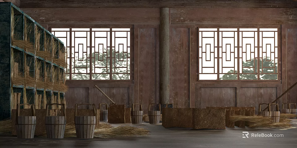 Traditional Wooden Swing Door In Rustic Interior With Carved Patterns And Hay Bales 3d model 