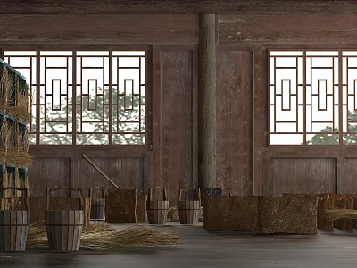 Traditional Wooden Swing Door In Rustic Interior With Carved Patterns And Hay Bales 3d model