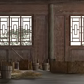 Traditional Wooden Swing Door In Rustic Interior With Carved Patterns And Hay Bales