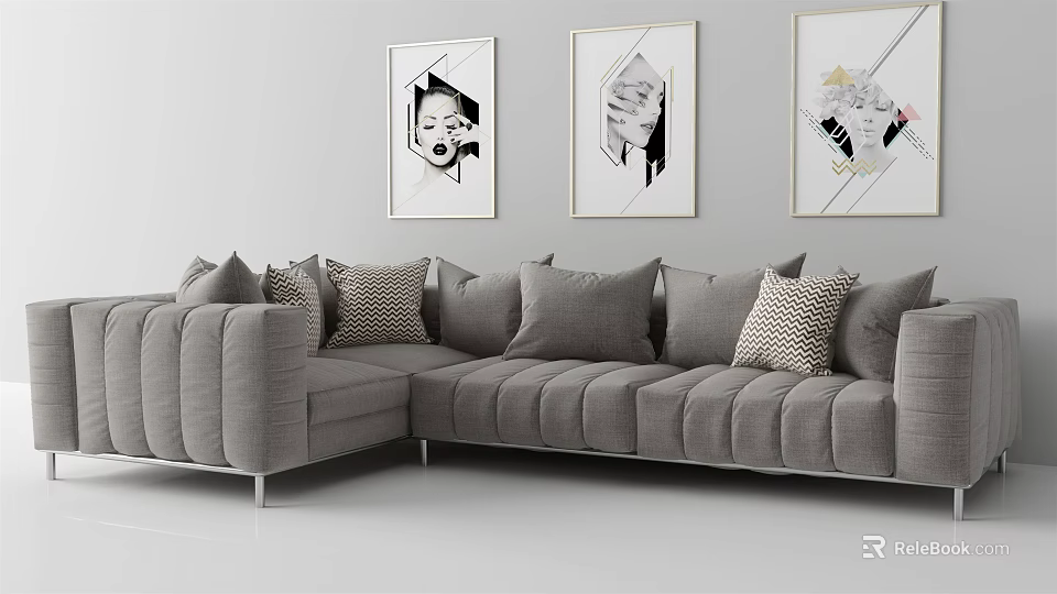 Gray Multi Person Sofa With Decorative Pillows And Three Black White Wall Art 3d model
