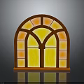 Classic Arched Window Design With Brown Frame And Yellow Orange Stained Glass