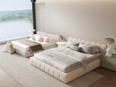 Modern Double Bed Bedroom Interior With Soft Bedding Pillows Bedside Table And Window View 3d model