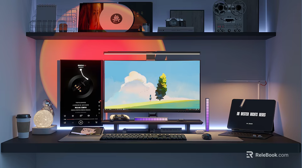 Modern Computer Workstation With Monitor Scenic Wallpaper Laptop Keyboard Mouse Desk Lamp And Vinyl Decor 3d model 