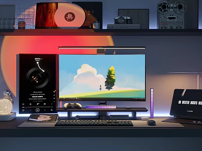 Modern Computer Workstation With Monitor Scenic Wallpaper Laptop Keyboard Mouse Desk Lamp And Vinyl Decor 3d model