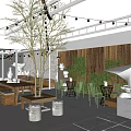 Outdoor Cafe With Wooden Structure String Lights White Sculptures Outdoor Seating And Green Plants