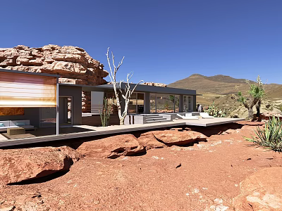 Modern Boutique Guesthouse Building With Glass Walls Red Rock Landscape And Mountain View 3d model