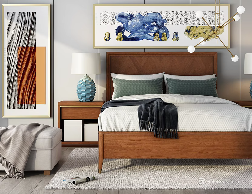 Modern Double Bed With Wooden Headboard Green Pillows Black Throw Blanket Nightstands And Blue Vase 3d model 